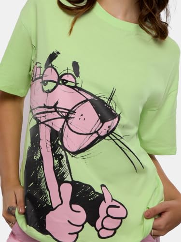 Image of The Souled Store Official Pink Panther: Thumbs Up Women and Girls Oversized fit Graphic Half Sleeve Cotton Green Color Women Oversized T-Shirts (216639)