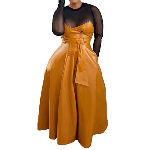 Women's Sexy Plus Size Pu Leather High Waist Belted Irregular Midi Long A-Line Swing Skater Skirt Brown 3XL