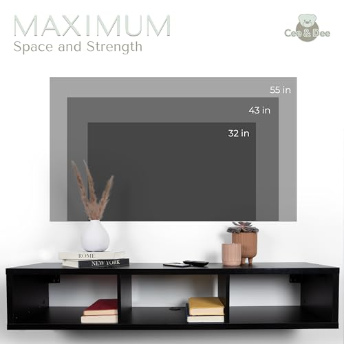 Cee&Dee Floating Shelf for Under TV - Floating TV Shelf with Reliable Anchors - 12” Depth - Strong and Stable Floating TV Stand Wall Mounted - 53” L x 12” D x 10” H - Black…