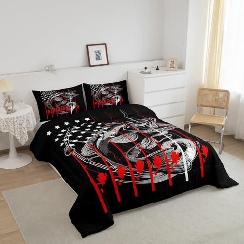 Image of Feelyou American Flag Big Pike Fish Comforter Set Bass Big Bedding Set Toddler Size for Kids Boys Girls Hunting Fishing Comforter Fish Hook Inner Fill Duvet Set 1 Comforter Set with 1 Pillowcase
