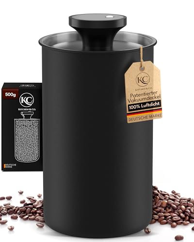 KC Kitchen & Co. Boîte à café hermétique pour 500 g de grains de café, en acier inoxydable, avec couvercle sous vide et fermeture aromatique, boîte de rangement pour café, thé, sucre, céréales, noir