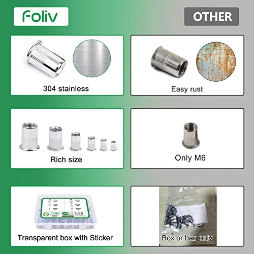 Foliv 250 Stück Nietmuttern Sortiment Set, M3 M4 M5 M6 M8 M10 Nietmuttern Sortiment Nietmutter A2-70 Edelstahl Zugnietmutter Rivet nuts Muttern mit Aufbewahrungsbox
