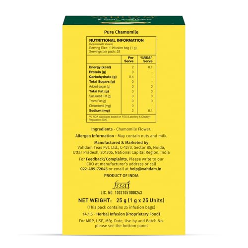 Image of VAHDAM Pure Chamomile | 100% Chamomile Flowers | Naturally Soothing & Relaxing | Bedtime Herbal Infusion | Caffeine Free | Non-Bitter | 25 Tea Bags