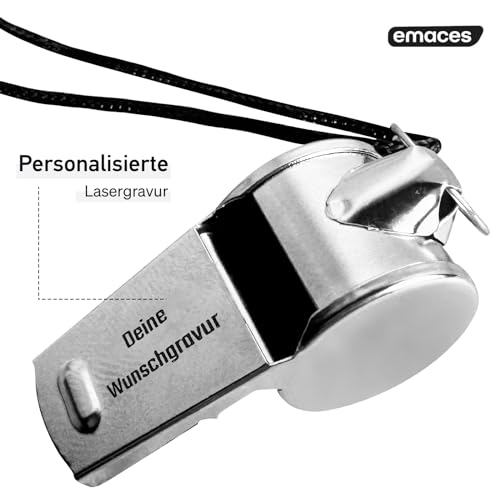 EMACES® Trillerpfeife aus Edelstahl mit Wunschgravur - perfekt als personalisiertes Geschenk für Männer und Frauen - Ideal für Sport, Training, Schiedsrichter, Lehrer und mehr