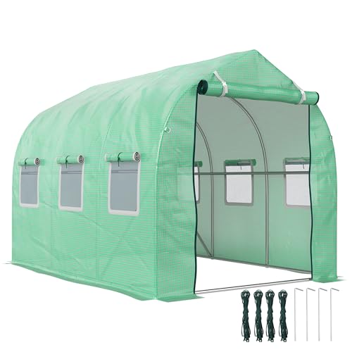 Outsunny Invernadero de Exterior 3x2x2 m Invernadero de Túnel con 6 Ventanas de Malla Puerta Enrollable Cubierta de PE 140g/㎡ Anti-UV Marco de Metal Galvanizado para Patio Jardín Verde