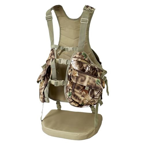 AUSCAMOTEK Camouflage Hunting Vest with Detachable Seat Cushion for Turkey Dove and Upland Bird Hunting - Woodland Autumn