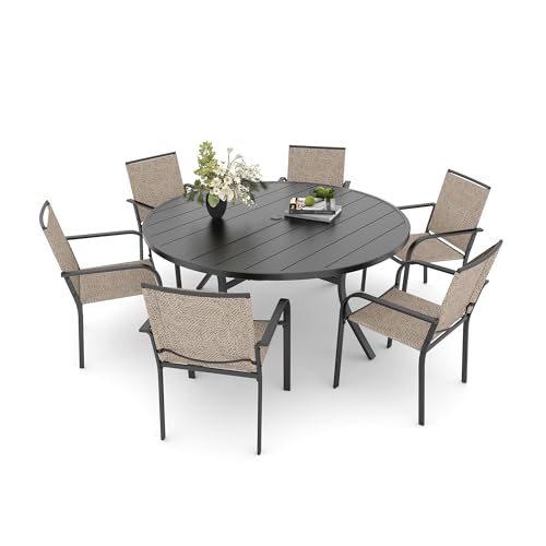 Image of Anmutig 7-Piece Outdoor Dining Set 6 Stackable Sling Chairs & 54 inch Round Table with Umbrella Hole All Weather Furniture Set for LawnDeckBackyard - Beige White Fabric