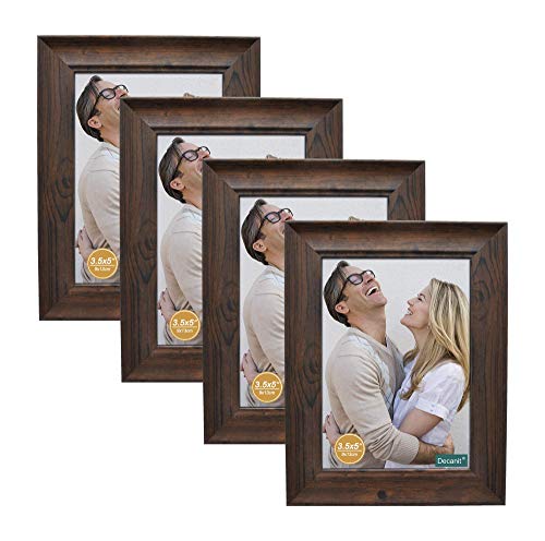 Image of DECANIT 3.5x5 Picture Frames Rustic Distressed Brown Wood Pattern High Definition Glass for Table Top Display and Wall Mounting Photo Frame,Pack of 4