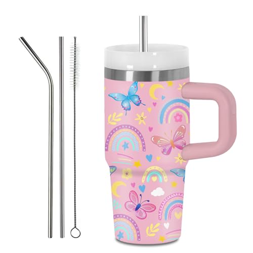 Hiboss Butterfly Gifts for Girls, Rainbow Tumbler with Handle and Straw for Kids 14 oz, Birthday Gifts for Butterfly Lovers Girls, Insulated Stainless Steel Travel Mug