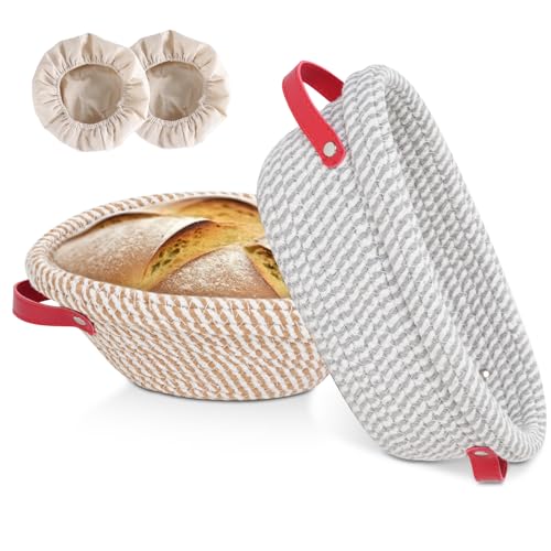 Banneton Sourdough Bread Proofing Baskets 10 inch Oval + 9 inch Round with Liner & Cover Cotton Rope Proofing Baskets for Sour Dough Bread Baking Artisan Bread Making Gifts for Women Bakers