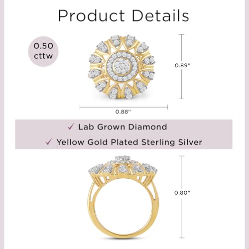 Jewelili Yellow Gold Plated Sterling Silver Halo Engagement Ring | I Color I2 Clarity 1 CTTW Round Lab Grown Diamonds | Ring Size 6, 7 & 8 | Luxury Bridal & Wedding Jewelry for Her | Gift Box Included4