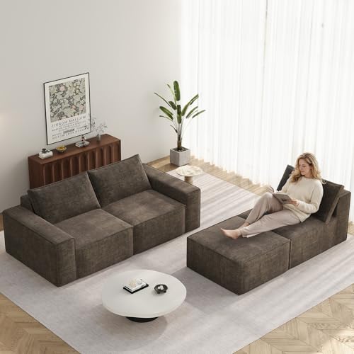 Image of Vesgantti 114 inch Modular Boneless Couch, Modern 3 Seater Sectional Sofa with Ottoman & Deep Seat, Convertible Chenille L Shaped Cloud Couches for Living Room, No Assembly Required, Dark Brown
