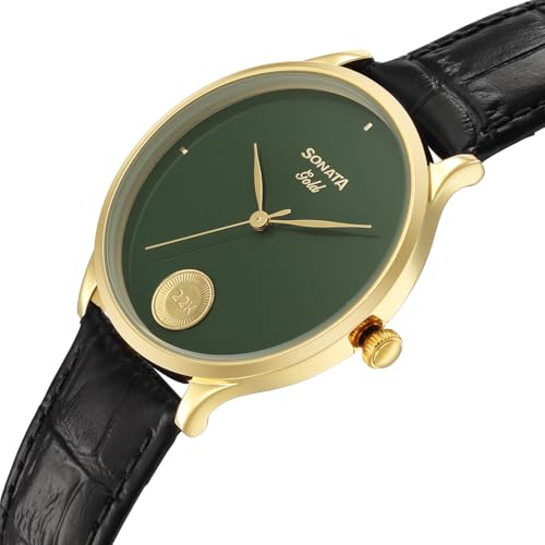 Image of Sonata Gold with Quartz Analog Sacred Forest Green Dial with 0.15 Gm 22 Karat Tanishq Gold Coin On Dial Black Leather Strap Watch for Men - 7153YL04