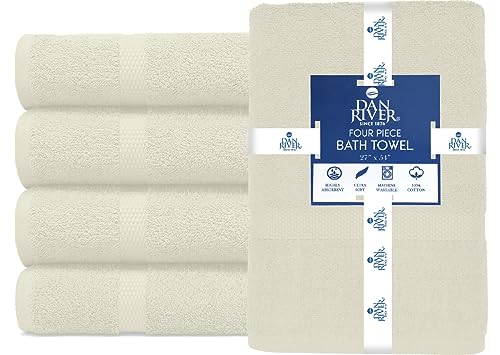 Image of DAN RIVER Bath Towels Set of 4, 27 x 54 Inches, 100% Cotton, Larger & Lighter Weight, Quicker to Dry, Super Soft and Absorbent, Ideal Quick Dry Bath Towels for Daily Use, Ivory