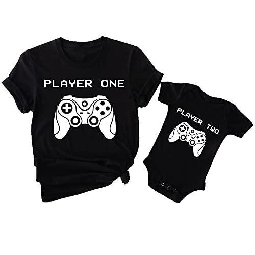 Personalised Matching Father's Day Player 1 and Player 2 T-Shirt, Bodysuit, Kids T-Shirt | Set of 2 | Dad & Son or Daughter Matching Outfit White, Black