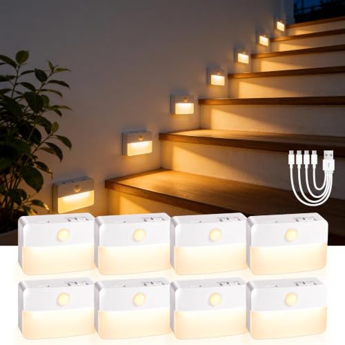 Image of 8 Pack Rechargeable Motion Sensor Stair Lights for Indoor, Wireless Battery Operated Night Light,Magnetic Led Stick On Portable Lamp for Step Hallway Closet Under Cabinet Bedroom Kitchen Bathroom