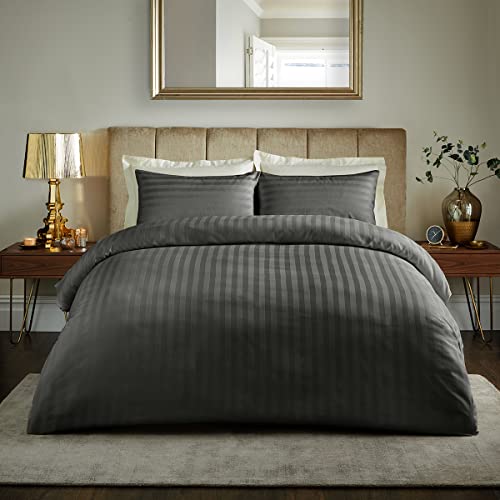 ALT90 800TC Juego de funda de edredón de algodón con rayas satinadas cómodas para cama de matrimonio, color gris