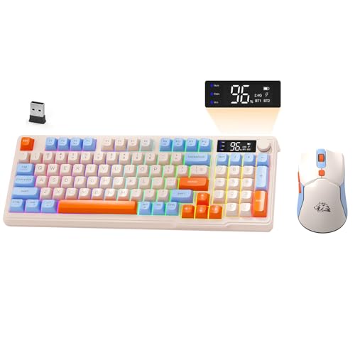 ZIYOU LANG ×Freewolf T96 - Juego de Teclado de ratón y Juego inalámbrico, BT/2.4G Dual-Mode, Pantalla y Mando Inteligentes, retroiluminación arcoíris, Teclado QWERTY Recargable y ratón-Azul Naranja