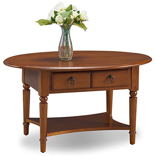 Leick Home Coastal Coffee Table, Solid Wood, Oval, with Drawer and Shelf, Pecan Brown, 20044-PC