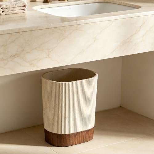 Image of Polytree Natural Travertine Match Wooden Bathroom Trash Can 1.8 Gallon(7 Liter) Small Kitchen Garbage Can,Living Room Bedroom Trash Can, Decor Wastebasket for Home Office (Handmade of Resin)
