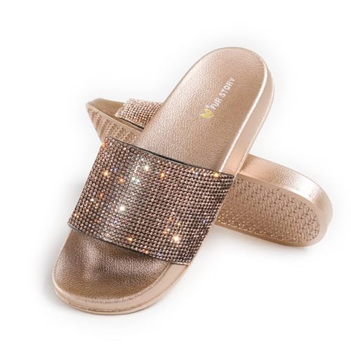 Fur Story Womens Slides House Slippers Rhinestone...