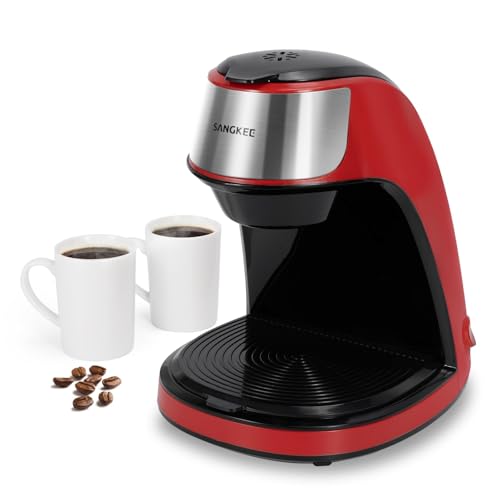 SANGKEE Cafetera de Goteo Pequeña con 2 tazas para café de cerámica, con Filtro Permanente, Mini Cafetera Depósito de Agua de 300ml, Rojo, DPS-M