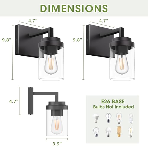 Image of Matte Black Wall Lights, Set of 2 Wall Sconce with Clear Glass Shade, Farmhouse Sconce Lights, Wall Mount Lamp for Bedroom Mirror Living Room