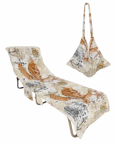 Orange Turtle Beach Chair Towel Covers for Chaise Lounge With Side Pocket, Soft Plush Pool Towels Cover for Patio Sunbathing Outdoor Coastal Starfish Conch Nautical Sailboat 29''x85''