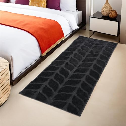 Image of Kuber Industries 2x6 Ft - Bed Side Runner For Bedroom & Living Room | Anti-Skid Carpet For Hall | Kitchen Foldable Runner for Floor, Home & Office | Leaf Design - Grey