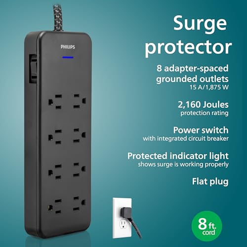Philips-EZFit-8-Outlet-Surge-Protector-Power-Strip-8-Ft-Braided-Extension-Cord-Widely-Spaced-Outlets-Flat-Plug-for-Home-Office-Dorm-Essentials-2160-Joules-Black-SPP3673B37