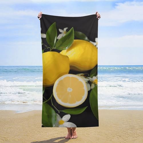 Toalla de Playa con diseño de limón y Flores, 78 x 160 cm, Ligera y Extragrande, Ideal para Adultos, Viajes, Piscina, Gimnasio y Deportes. Toalla de baño de Secado rápido sin Arena. Accesorios esenc