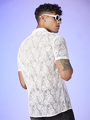 WDIRARA Men's Floral Lace See Through Button Front Short Sleeve Shirt Summer Tee Top2