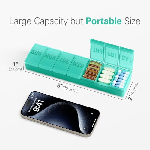 Image of Barhon Pill Organizer Large, Weekly Pills Organizer Pill Box, Medicine Pill Organizer Travel, 7 Day Pill Case for Big Vitamins Supplements Fish Oil, Green