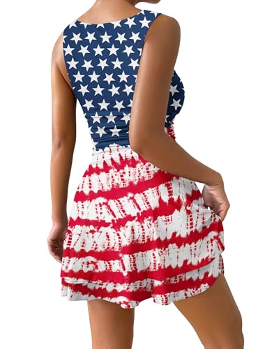 Image of IWD Women's Square Neck Sleeveless Mini Dress Ruched Waist Tiered Ruffle Hem A Line Short Dresses