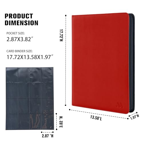 Image of Card Binder 16 Pocket,Trading Card Binder Hold up to 1408 Cards with 44 Sleeves,Zipper Card Holder Album Compatible with TCG Card /Game Cards /Sports Card-Red