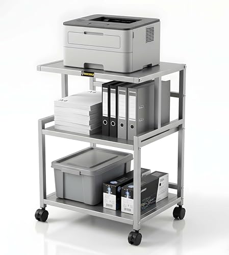 Image of Premium Metal Iron Sliver Printer Stand with Wheels - Heavy-Duty & Stylish Storage Solution for Files, and Essentials - Durable, Modern & Perfect for Homes & Offices. (Silver)