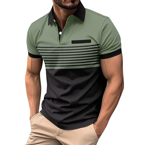 UHouse Homme Polo Golf Polos à Manches Courtes Sport T-Shirts Casaul Teeshirt Court Tshirt D'Été Habit Fitness Vetement a Rayures pour Vert armée L