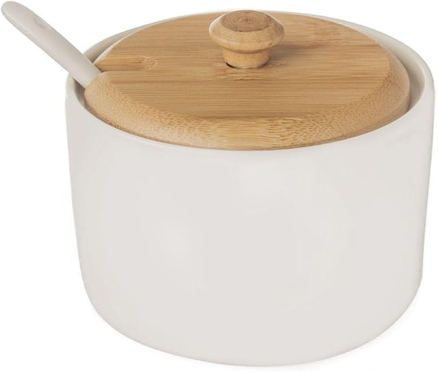 ORION GROUP Cukierniczka porcelanowa z pokrywką i łyżeczką | Wysokość 6,5 cm | Biała porcelana i drewno bambusowe | Ekologiczny pojemnik na cukier