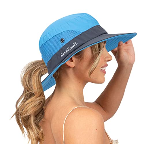 Image of Sun Hat for Women Summer UV Protection Beach Hat Wide Brim Mesh Bucket Fishing Hat with Ponytail Hole Foldable Packable Hat