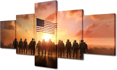 Tableau Peinture Militaire Américain 5 Panneaux | Déco Chambre Moderne avec Cadre 100x50 cm