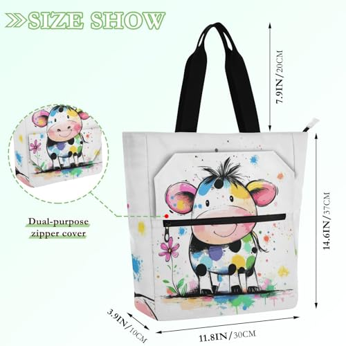 Bolsa para libros con diseño de vaca blanca para la escuela, biblioteca y viajes diarios 4