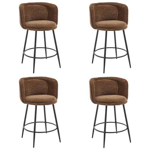 Tabourets de bar en chenille marron avec dossier | Lot de 4 - 2