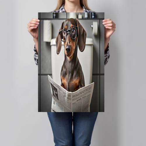 Tableau teckel aux toilettes 80x120cm pour déco humour WC