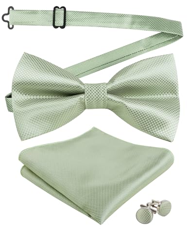 Alizeal Mens Solid Color Mini Squares Formal Banded Pre-tied Bow Ties Pocket Square Cufflinks Set Wedding Party Business-Sage Green