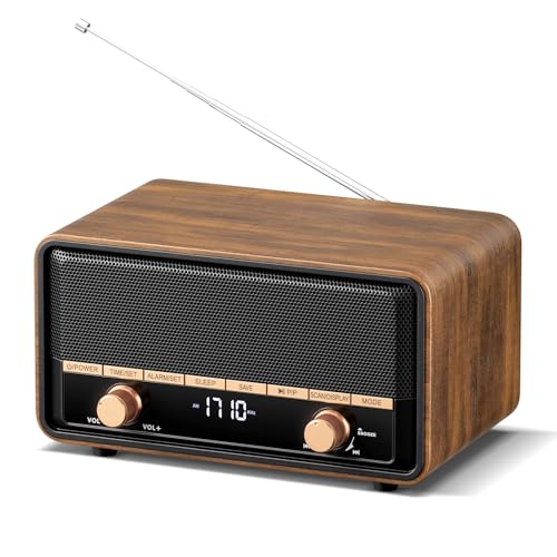 Audiocrazy Vintage Wooden AM FM Radio with Bluetooth, Digital Clock Radio for Bedroom with 80 Station Presets, Tap to Snooze, Sleep Timer, Clear LCD Display for Home Office (Deep Walnut)