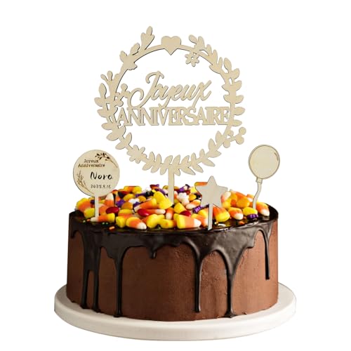 BMGRKYQX 4pcs Joyeux Anniversaire Cake Topper en bois,Décoration de Gâteau Cake Cupcake Étoile, Ballon,Topper Personnalisé Prenom, pour Anniversaires Fêtes Célébration