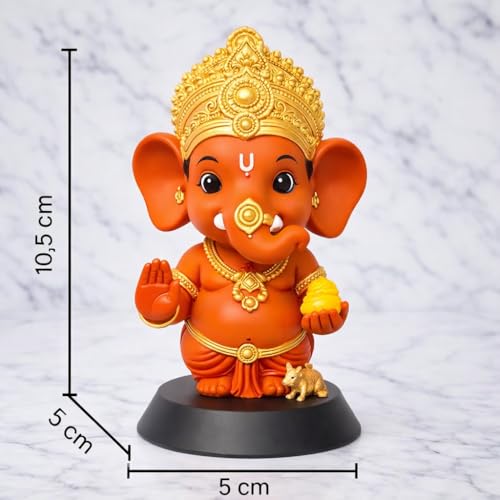Image of Lord Kesari Ganesh Ji Idol, Kesari Gold Finish | Cute Ganpati Murti with Laddu, Resin Figurine, For Car Dashboard & Home Temple, For Pooja Room, Office Desk, Car Decor