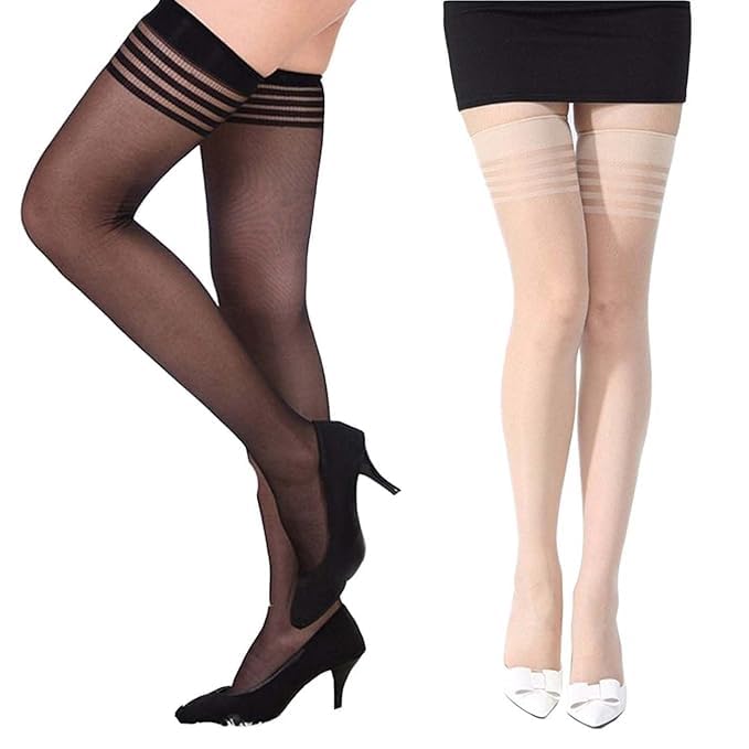 Women's Nylon Sheer Thigh High Stockings Tights (Black, Beige)-Pack of 2-image-16