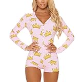 vaflower Women's Deep V-Neck Short Butt Flap Pajamas Onesie Sexy Back Door Onesies Long Sleeve Bodysuit Bodycon Rompers (A-Crown, M)