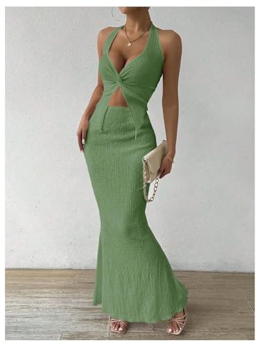 Image of SOLY HUX Women's Two Piece Outfits Twist Front Halter Cami Tops and Skirt Summer Set